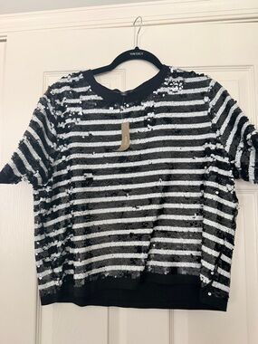 J. Crew Black and White Striped Sequin Short Sleeve Top